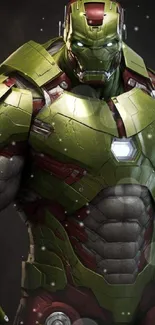 Green armored hero with metallic suit and vibrant details in futuristic style.