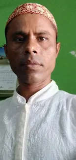 Man in a white shirt against a green background.