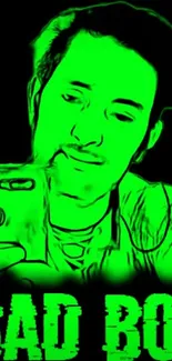 Green toned image with "Bad Boy" text and a man taking a selfie.