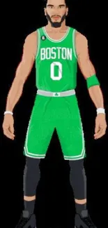 Animated basketball player in green Boston gear on black background.