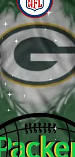 Green Bay Packers logo on themed wallpaper.