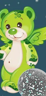 Whimsical green bear with wings, disco ball, and starry background.