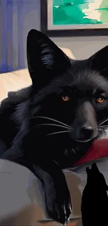 Artwork of a black fox on a couch with a shadow.