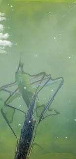 Close-up of a bug on a stem with a green background and clouds.