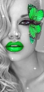 Black and white portrait with a green butterfly and lips.