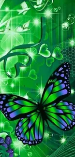 Vibrant green butterfly with glowing effects and abstract design elements.