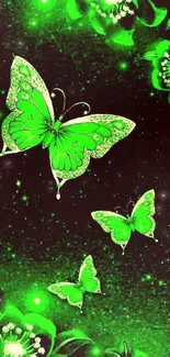 Vibrant green butterfly and floral wallpaper.