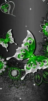 Green butterfly and floral design wallpaper.