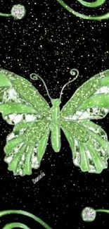 Green glitter butterfly with swirl on black background.