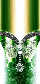 Green butterfly wallpaper with floral design and shimmering effects.