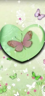 Green heart wallpaper with butterflies and floral designs.