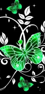 Green butterfly and swirls on black background wallpaper.