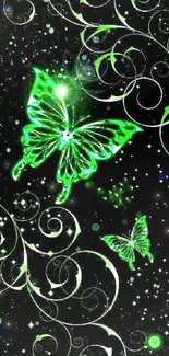 Luminous green butterfly on a swirled night background.