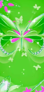 Vibrant green butterfly wallpaper with pink floral accents.