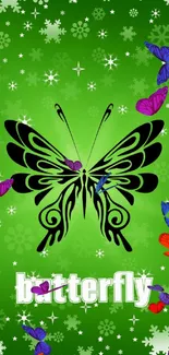 Green wallpaper with a stylish butterfly and snowflakes design.