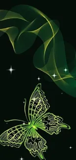 Green butterfly with swirling patterns on dark background.