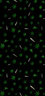 Black wallpaper with green cannabis leaf pattern and joints.