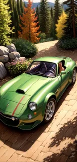 Green sports car on forest road in artistic style.