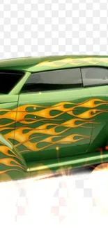 Green car with vibrant yellow flame designs on a transparent background.