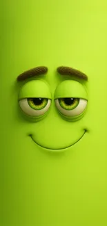 Green cartoon smiley face on a mobile wallpaper.