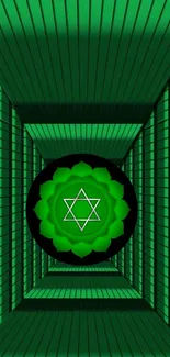 Green chakra geometric wallpaper with glowing patterns.