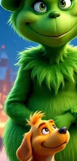 Green cartoon character with a dog under snowy night sky.