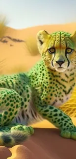 Unique green cheetah resting in desert landscape on a mobile wallpaper.