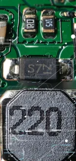 High-tech green circuit board with digital components.