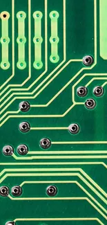 Close-up of a green circuit board with intricate golden patterns.