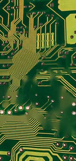 Close-up of a green circuit board with intricate patterns.