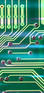 Green circuit board pattern with intricate electronic pathways.