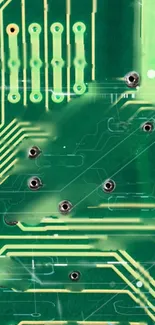 Green circuit board wallpaper with detailed electronic design.