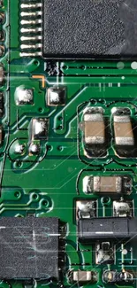 Intricate green circuit board wallpaper featuring electronic components.