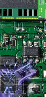 Green circuit board wallpaper with electric bursts.