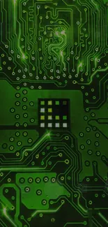 Green circuit board design wallpaper with intricate patterns.