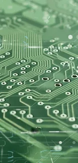 Green circuit board wallpaper featuring electronic pathways and digital patterns.