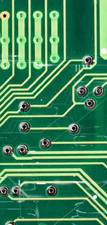 Green circuit board wallpaper with intricate electronic design.