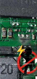 Intricate green circuit board with tech elements.