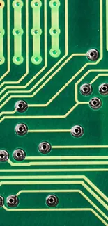 Green circuit board design with intricate electronic patterns.