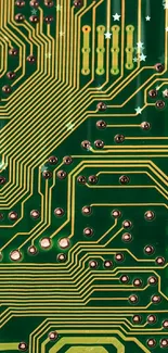 Green circuit board wallpaper with gold lines and sparkling details.