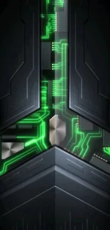 Futuristic wallpaper with green circuit design on a black background.