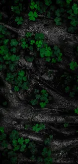 Dark forest floor with green clovers and roots as a mobile wallpaper.