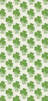 Green clover pattern on phone wallpaper, seamless and stylish design.