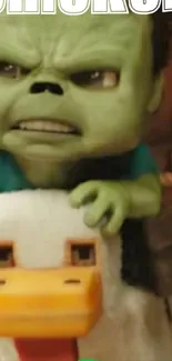 Cartoon green creature riding a duck