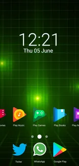 Vibrant green digital grid wallpaper with clock and icons.