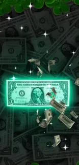 Glowing green dollar bills with sparkles in a digital wallpaper design.