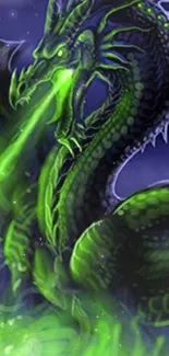 Green dragon breathing fire in fantasy art wallpaper.