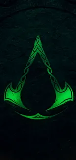 Green glowing emblem on dark textured wallpaper.