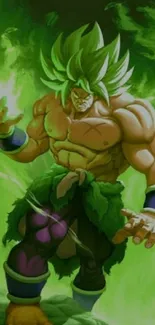 Vibrant anime fighter with green aura and intense energy.