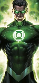 Powerful superhero glowing in green cosmic energy.